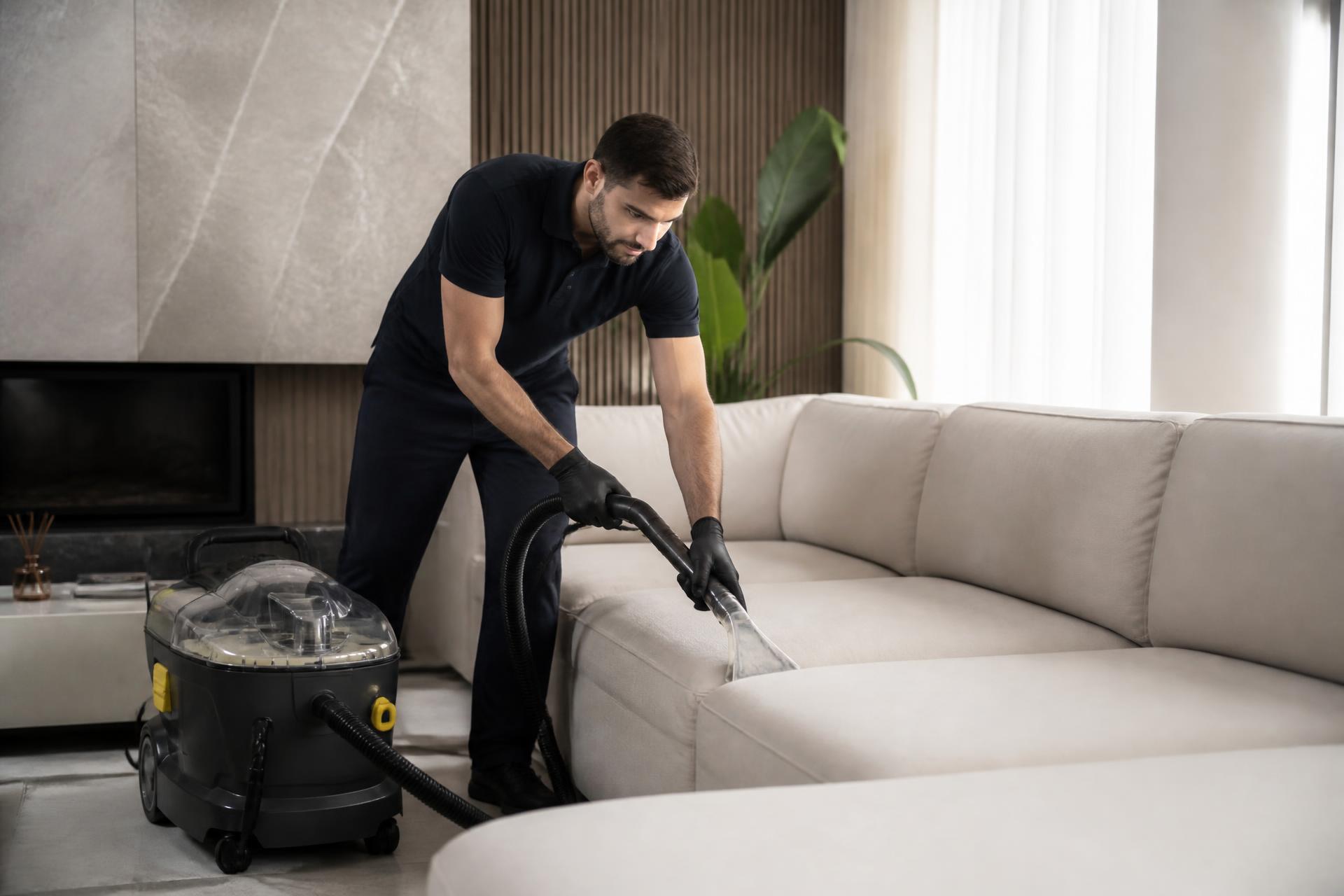 Técnico profissional realizando limpeza premium de sofá em residência de alto padrão