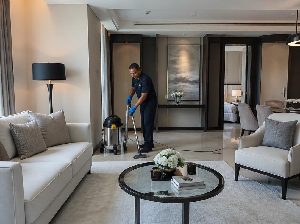 Ambiente corporativo premium com estofados higienizados